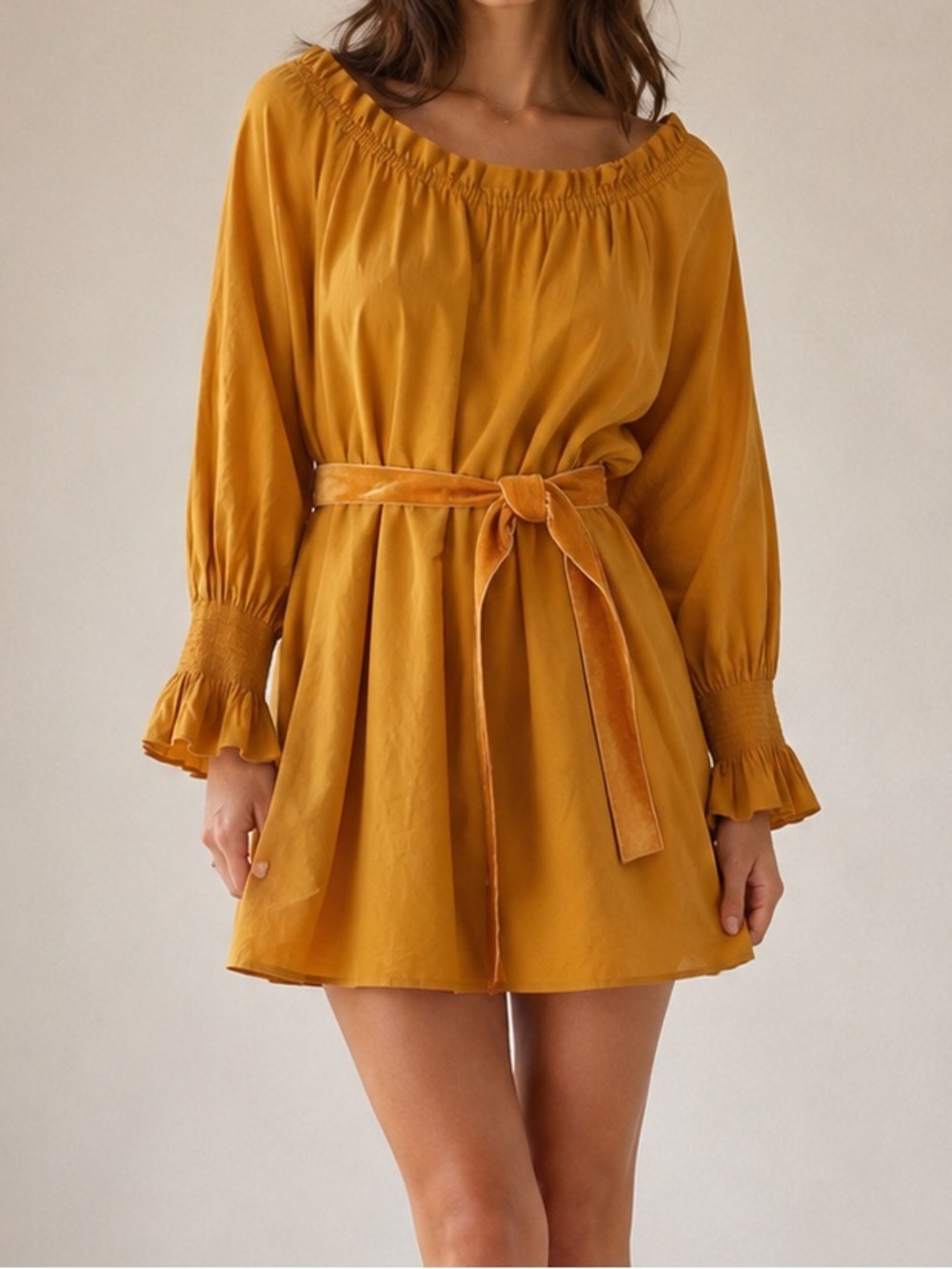 DOEN Miro Golden Hour Mustard Smocked Neck Mini Dress Waist Tie Boho Cottagecore